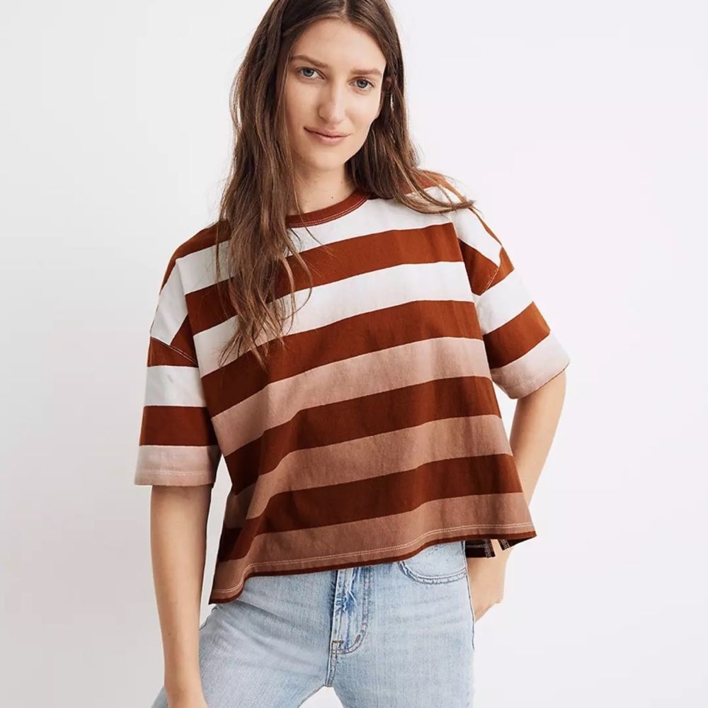 Madewell Dip-Dye Oversized Tee Rust Orange Stripe Boxy Cropped Fall Ombre